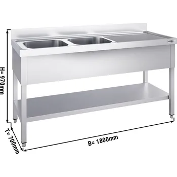 Kuchyňská skříňka G.Gastro Dřezová skříňka PREMIUM z nerezové oceli - se spodní policí - 1,8 m - 2 dřezy vlevo - D 50 x Š 50 x H30 cm