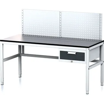 Dílenský stůl Alfa 3 Nastavitelný dílenský stůl MECHANIC II s perfopanelem, 1 zásuvkový box na nářadí, 1600x700x745-985 mm, šedá/antracit