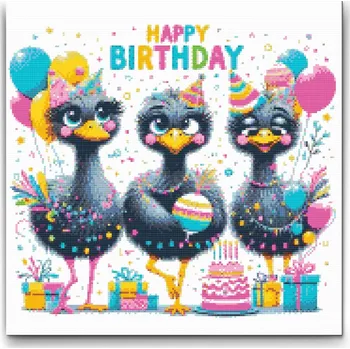 Diamantové malování Diamantové malování - Všechno nejlepší přejí pštrosi Velikost: 50x50cm, Rámování: Pouze srolované plátno, Diamanty: Čtvercové