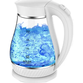 Rychlovarná konvice Adler | Rychlovarná konvice | AD 1274 | Standardní | 2200 W | 1,7 l | Plast/Sklo | 360° otočná základna | Bílá/průhledná