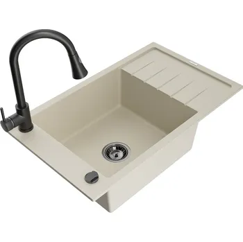 Granitový dřez Mexen Elias 1-miskový granit dřez s odkapem a baterií Elia, béžová 6511-69-670101-70