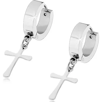 Náušnice Ocelové náušnice stříbrné barvy s visícím křížem, kloubové zapínání