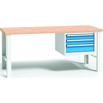 Dílna B2B Partner Pracovní stůl do dílny WL se závěsným boxem na nářadí, buková spárovka, 3 zásuvky, pevné kovové nohy, 2000 mm