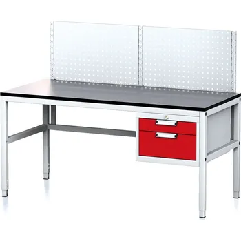 Dílenský stůl Alfa 3 Nastavitelný dílenský stůl MECHANIC II s perfopanelem, 2 zásuvkový box na nářadí, 1600x700x745-985 mm, šedá/červená