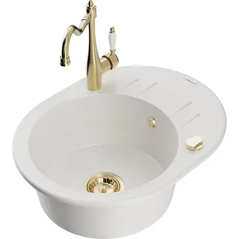 Kuchyňský dřez Mexen Kevin 1-miskový granit dřez s odkapem a baterií Carla, bílá 6517-20-670700-50