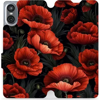 Pouzdro na mobilní telefon Flipové pouzdro Mobiwear - Sony Xperia 10 VI - VP45S Temné červené květy (Knížkové flip pouzdro, obal, kryt na mobil Sony Xperia 10 VI - VP45S Temné červené květy, materiál Umělá kůže + TPU - ochrana 360°, stojánek, silikonová vanička, magnetické zavírání