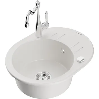 Mexen Kevin 1-miskový granit dřez s odkapem a baterií Carla, bílá 6517-20-670700-00