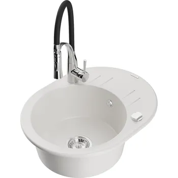 Mexen Kevin 1-miskový granit dřez s odkapem a baterií Aster, bílá 6517-20-73450-07