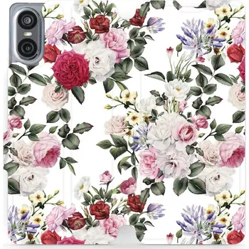 Pouzdro na mobilní telefon Flipové pouzdro Mobiwear - Sony Xperia 10 VI - MD01S Růže na bílé (Knížkové flip pouzdro, obal, kryt na mobil Sony Xperia 10 VI - MD01S Růže na bílé, materiál Umělá kůže + TPU - ochrana 360°, stojánek, silikonová vanička, magnetické zavírání)
