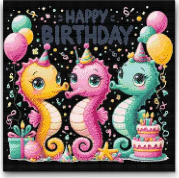 Diamantové malování Diamantové malování - Všechno nejlepší přejí mořští koníci Velikost: 50x50cm, Rámování: Pouze srolované plátno, Diamanty: Kulaté