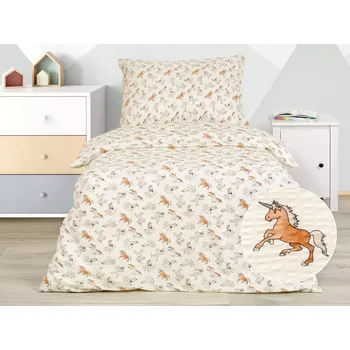 Povlečení Dětské krepové povlečení - jednorožci na režné 140x200+70x90
