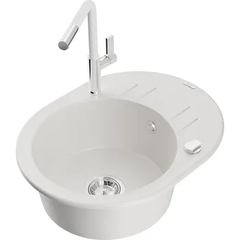 Kuchyňský dřez Mexen Kevin 1-miskový granit dřez s odkapem a baterií Flora, bílá 6517-20-670401-02