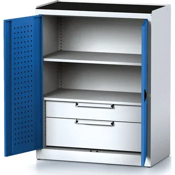 Alfa 3 Policová dílenská skříň 2-dveřová MECHANIC, 1 police, 2 zásuvky, 920 x 500 x 1170 mm, modré dveře
