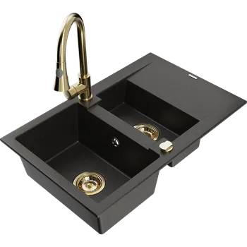 Granitový dřez Mexen Gaspar granitový dřez 1,5-komorový s odkapávačem a kuchyňskou baterií Elia, černý/zlatý metalik - 6507-75-670101-50 Granitové dřezy s baterií
