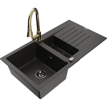 Granitový dřez Mexen Matias granitový dřez 1,5-komorový s odkapávačem a kuchyňskou baterií Elia, černý/zlatý metalík - 6502-75-670101-50-B Granitové dřezy s baterií
