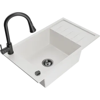 Granitový dřez Mexen Elias granitový dřez 1-komorový s odkapávačem a kuchyňskou baterií Elia, bílý - 6511-20-670101-70 Granitové dřezy s baterií