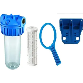 Ochranný vodní filtr Průhledná nádoba filtru 10"x2,5" s filtrační sítkovou vložkou 80 mik. včetně držáku a klíče Připojení: 3/4"