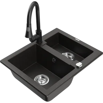 Granitový dřez Mexen Carlos granitový dřez 1,5-komorový s kuchyňskou baterií Elia, černý/zlatý metalický - 6518-75-670101-70 Granitové dřezy s baterií
