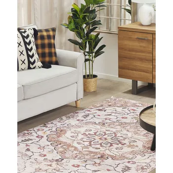 Bytový textil Koberec béžový a hnědý polyester a bavlna 140 x 200 cm ručně tkaný květinový vzor orientální vzor Beliani