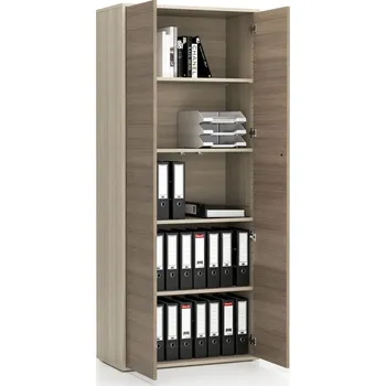 Policová skříň PLAN Kancelářská policová skříň s dveřmi LAYERS, 800 x 400 x 1905 mm, dub přírodní / dub mořený