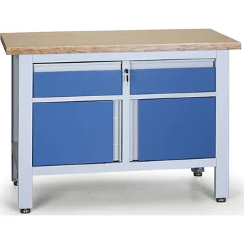 Dílenský stůl Pracovní stůl do dílny EXPERT, 2 zásuvky, 2 skříňky, 1200 x 600 x 860 - 900 mm, modrá