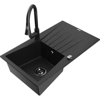 Granitový dřez Mexen Cesar granitový dřez 1-komorový s odkapávačem a kuchyňskou baterií Elia, černý - 6514-77-670101-70-B Granitové dřezy s baterií