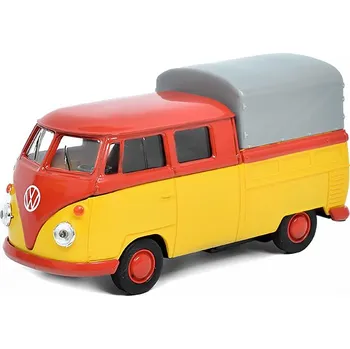 autíčko Volkswagen T1 Double Cabin Pick Up červená/žlutá 1:32 - Welly VW T1 Double Cabin Pick-Up - kovový model auta