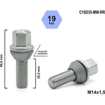 Šroubek na kolo Kolový šroub M14x1,5x35,5 kužel pohyblivý, klíč 19, C19D35-MW-RR, výška 66,6 mm