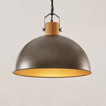Závěsné svítidlo Lindby Holgar, zelená barva, dřevo, kov, Ø 45 cm, E27 zelená metalíza, světlé dřevo 1 x 60 W - Doprava zdarma