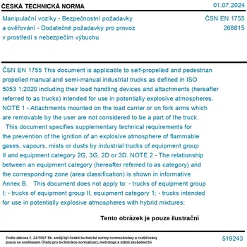 ČSN EN 1755 - Manipulační vozíky - Bezpečnostní požadavky a ověřování - Dodatečné požadavky pro provoz v prostředí s nebezpečím výbuchu - Tisk