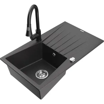 Kuchyňský dřez MEXEN/S - Cesar granitový dřez 1 s odkapávačem včetně baterie Elia, černá kropenatá 6514-76-670101-70