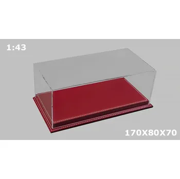 Dárková krabička Vitrínková krabička na modely 1:43 - Čirý Kryt a vysoká Podlážka z červené kůže Ručně Vyráběná Akrylová Vitrína + Podlážka s kůží - Box na modely 1/43 - 170x80x70mm