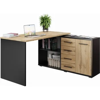 Psací stůl Rohový psací stůl NEJBY GIANNI, pravý, černá/dub wotan + PROVĚŘENO zákazníky + vyzvednutí ZDARMA
