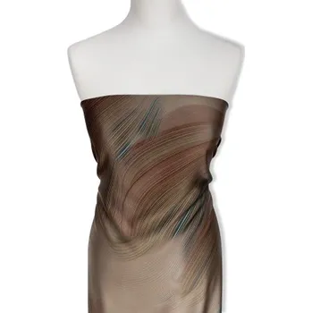 Metráž - HEDVÁBÍ ACETÁT BÉŽOVÝ BAREVNÉ REZAVÉ VLNKY - látka na šaty a halenky - Béžová, 150 cm