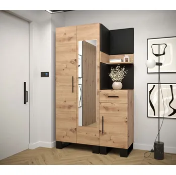 Předsíňová stěna Předsíňová stěna se zrcadlem Artin 16 - dub Artisan Barva: Černá Ekokůže