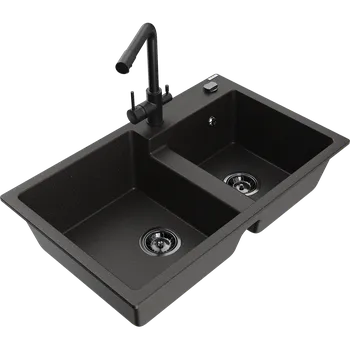 Granitový dřez Mexen Tomas granitový dřez s 2 komorami a kuchyňskou baterií Duero, černý/zlatý metalický - 6516-75-671600-70-B Granitové dřezy s baterií