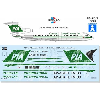 Plastikový model Obtisky De Havilland HS-121 Trident 2E Pakistan International Airlines pro Veb Plasticart - Revaro Decals RG–B019
