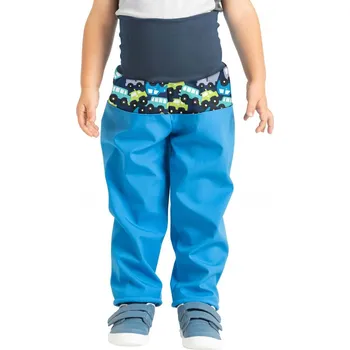 Chlapecké kalhoty Unuo (ušito v ČR) Dětské softshellové kalhoty Unuo s fleecem tyrkysové s autíčky