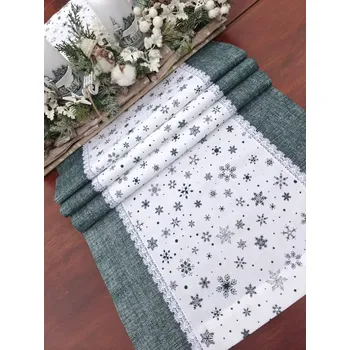 Vánoční dekorace Běhoun vánoční - temně zelené vločky na bílé lemované temně zelenou