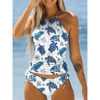 Dámské plavky Dámské plavky dvojdílné "tankini" mix barev a vzorů (Plus size S - 6XL) Barva: nám. modrá - želvy, Velikost: 5XL