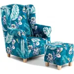 Křeslo ušák AS s taburetem - vzor Bird, modrá/přírodní (bird blue an-4786)