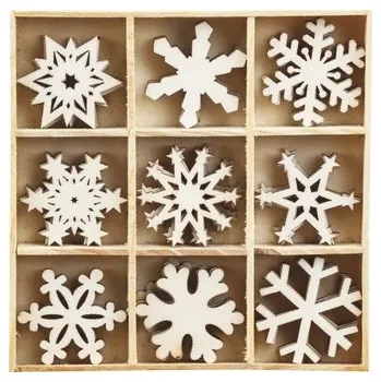 Vánoční dekorace Dřevěné ozdoby v boxu 45ks - vločky - 9 motivů po 5 ks, rozměr motivu: 3x3cm.