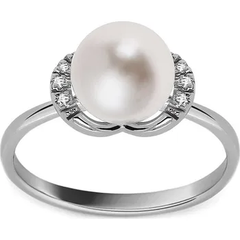 Prsten Elegantní perlový prsten s diamanty, bílé zlato FLBR019A + dárkové balení LUXUS zdarma