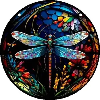 Závěsná kulatá vitráž - Vážka, 8 cm