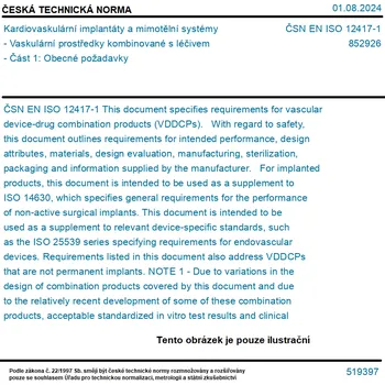 ČSN EN ISO 12417-1 - Kardiovaskulární implantáty a mimotělní systémy - Vaskulární prostředky kombinované s léčivem - Část 1: Obecné požadavky - Tisk