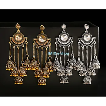 Náušnice Dlouhé Bollywood náušnice se zirkony a zvonky Stříbrná