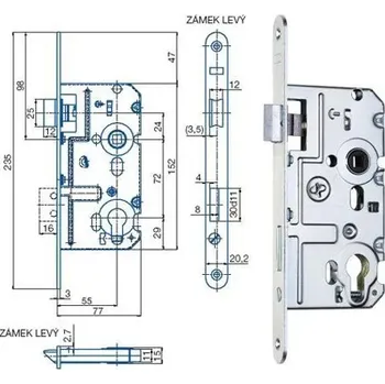 Stavební výplň K221 - Zadlabací zámek vložkový, jednozápadový s převodem (PP / levý PZ/72/55/77 ZB / 30ks)