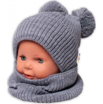 Čepice Zimní pletená čepice + nákrčník - šedá s bambulkami, Velikost koj. oblečení 92-98 (18-36m)