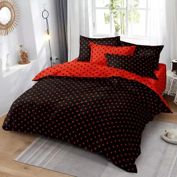 Povlečení TOTÁLNÍ VÝPRODEJ! BAVLNĚNÉ OBOUSTRANNÉ POVLEČENÍ na 2 postele s Puntíkem 140x200/70x90 cm - ČERVENO - ČERNÉ + PROSTĚRADLO ZDARMA
