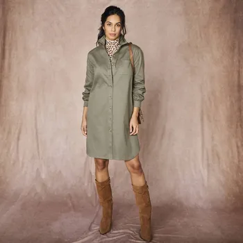 Dámské šaty Jednobarevné košilové šaty s dlouhými rukávy khaki 40